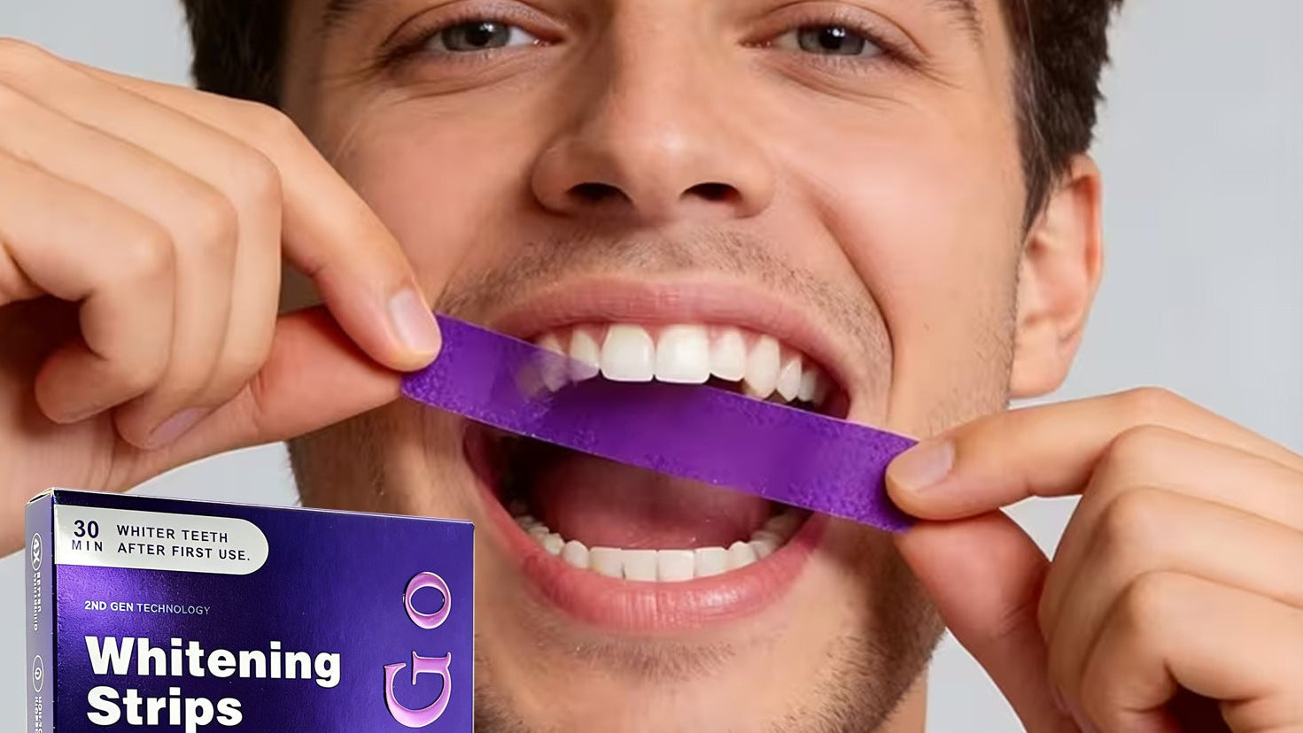 Man using a purple teeth whitening strip with Qimigo packaging in the foreground.